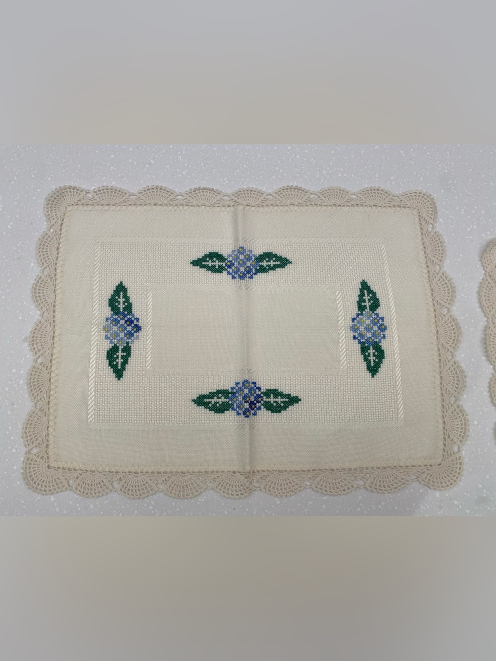 Vintage Handmade Cream Cross-Stitch Floral Doily/ placemat Set with Blue Flowers